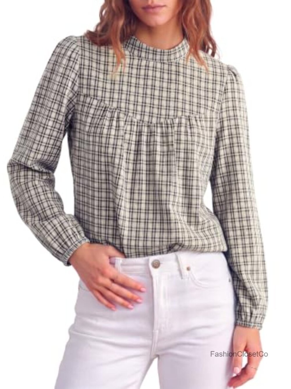 Flowy Gingham Babydoll Blouse Long Sleeve Mock Neck Lightweight